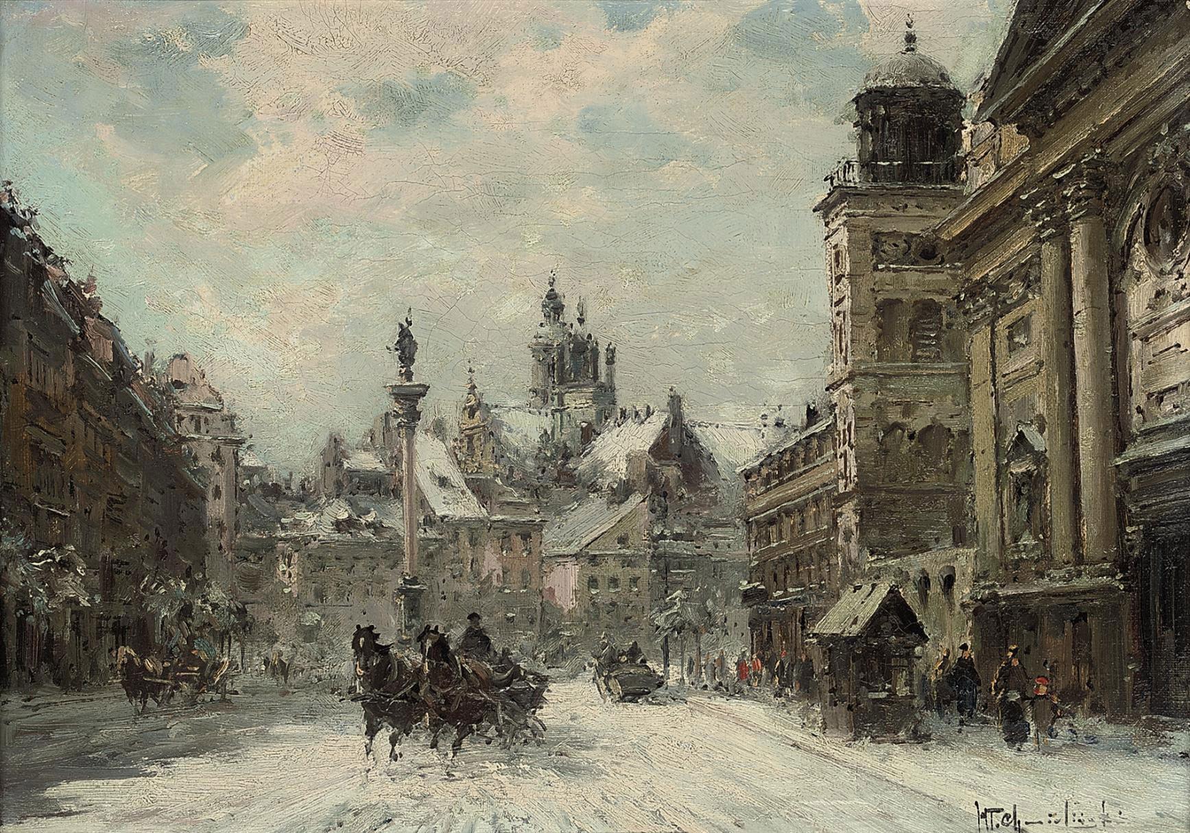 Wadislaw T. Chmielinski - Troikas running through the snow before the statue of King Sigismund, Castle Square, Warsaw