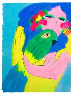 Walasse Ting (Ding Xiongquan) - Lady with Parrot