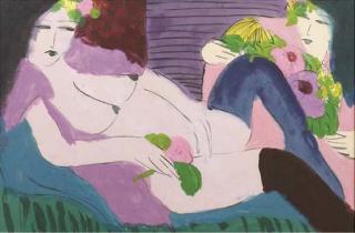 Walasse Ting - A reclining nude with stockings, holding a rose