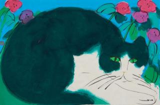 Walasse Ting - Resting Cat 9 3/8 x 14 1/8 in. (23.8 x 35.9 cm) framed 16 1/4 x 20 1/4 x 1 1/4 in.