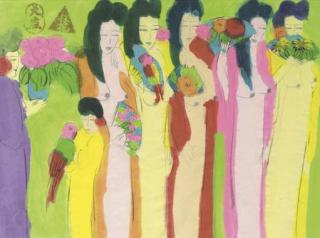 Walasse Ting - Six geishas with a child and parrots