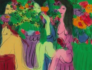 Walasse Ting - Three Beauties With Flowers