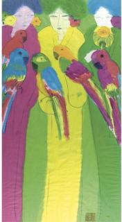 Walasse Ting - Three geishas with parrots