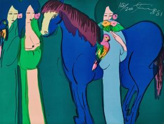 Walasse Ting - Three ladies with blue horse