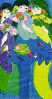 Walasse Ting - Three ladies with fans