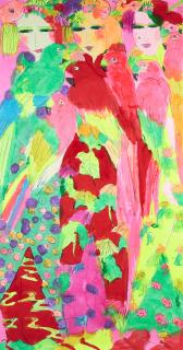 Walasse Ting - Three Women in Kimono with Parrots