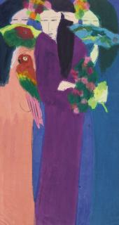 Walasse Ting - Three Women With Fans And A Parrot