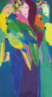 Walasse Ting - Three Women with Parrots