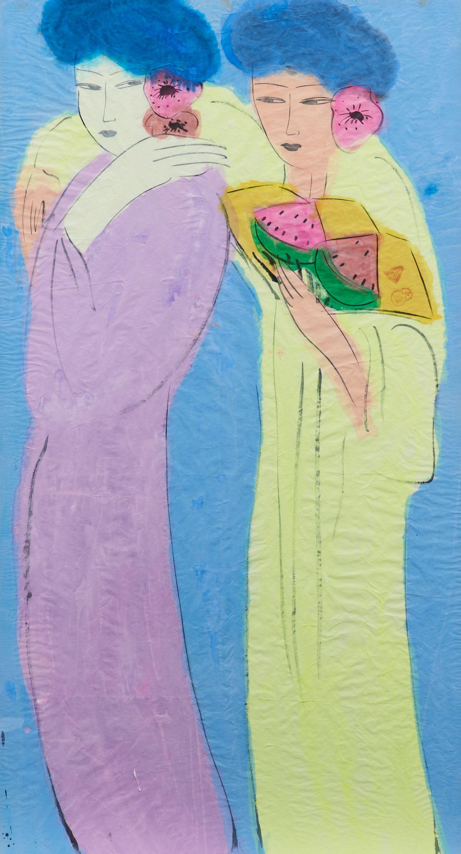 Walasse Ting - Two Women 70 1/4 x 38 in. (178.4 x 96.5 cm) framed 73 3/4 x 41 3/4 x 1 1/2 in.