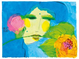 Walasse Ting - Untitled (Blue woman with Flower)