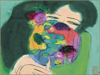 Walasse Ting - Untitled (Lady with Goldfish Fan)
