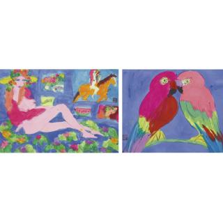 Walasse Ting - Untitled (Nude With Hat And Two Parrots): A Pair