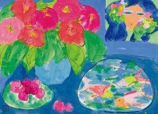 Walasse Ting - Vase With Portrait, Fruit And Fish (Painted In 2001)