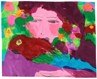 Walasse Ting - Woman with parrot.