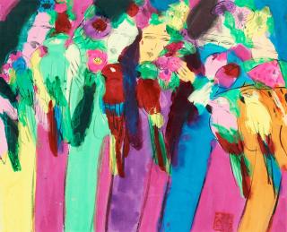 Walasse Ting - Women with parrots and flowers