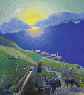 Waldemar Theophil Fink - Hirtin Mit Ziegen Auf Der Alp Bei Sonnenuntergang, 1908