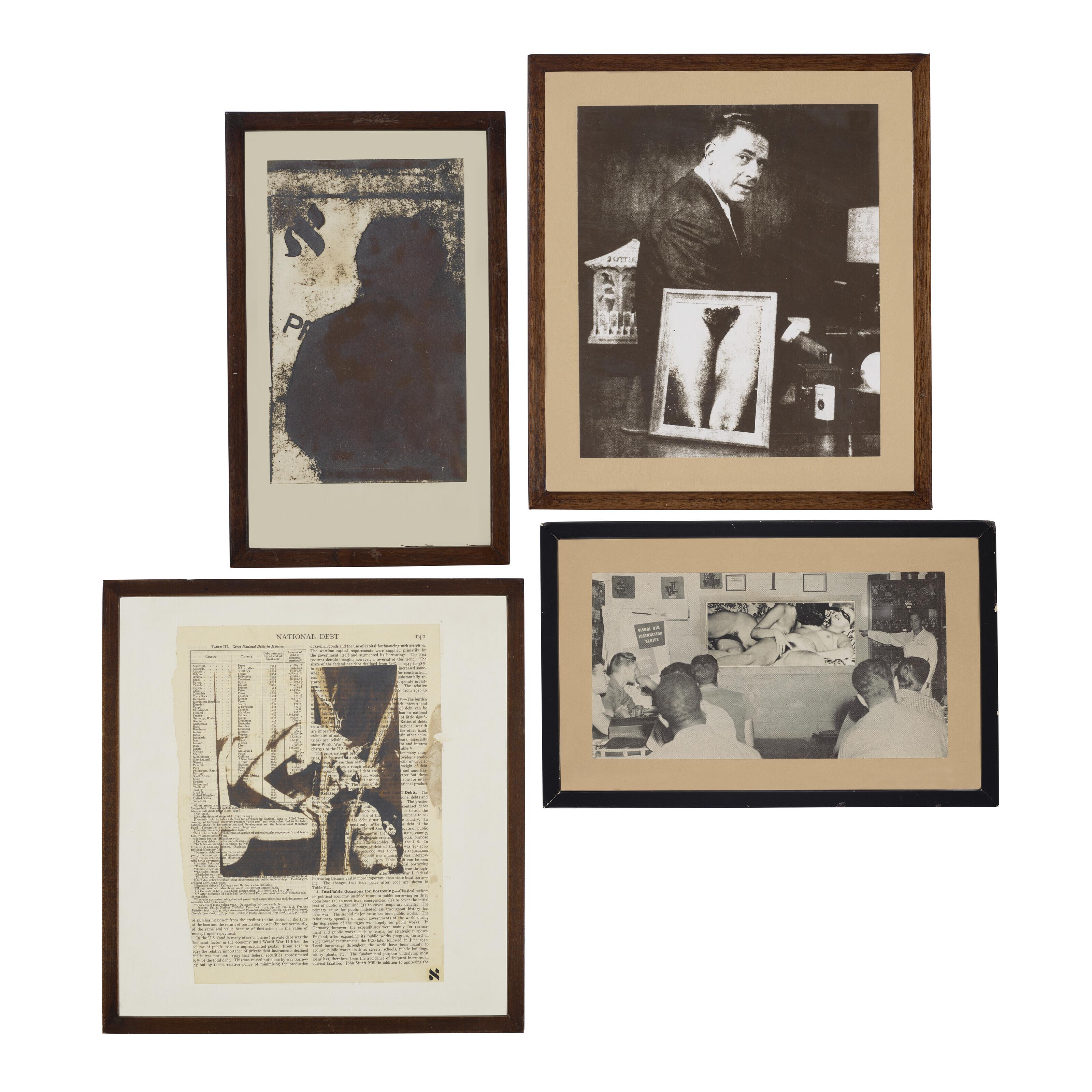 Wallace Berman - Untitled (Dark Figure); Untitled (Businessman at Desk); Untitled (National Debt); Untitled (Visual Aid Instruction) [Four Works]