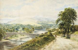 Waller Hugh Paton, R.S.A., R.S.W. - A mother and child in an extensive landscape walking past a bridge