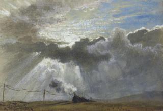Waller Hugh Paton, R.S.A., R.S.W., - A steam train and telegraph wires beneath a sunburst