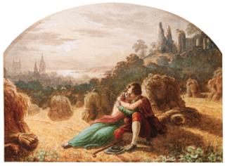 Waller Hugh Paton, R.S.A., R.S.W. - Lovers in an embrace beside corn stooks, with a ruined abbey beyond