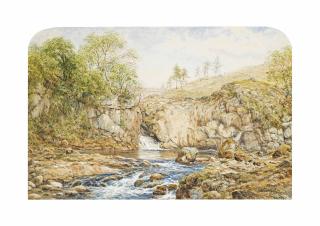 Waller Hugh Paton, R.S.A., R.S.W. - Sheep grazing above a Scottish waterfall