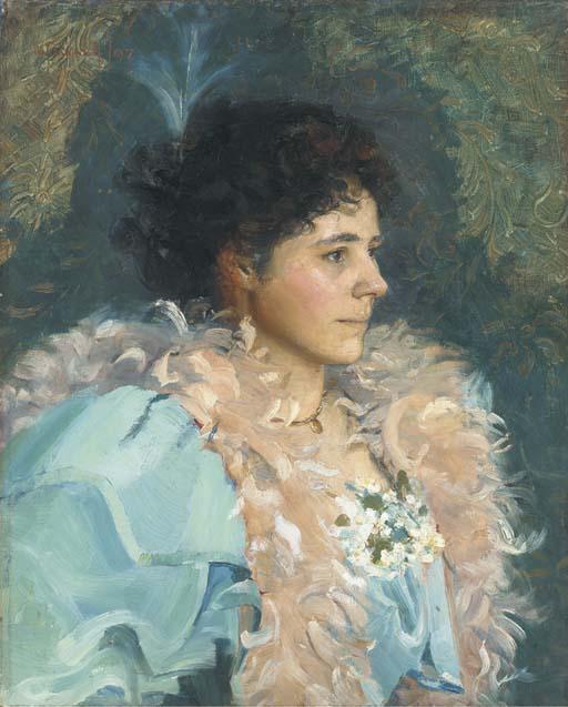 Walter Bonner Gash - Portrait of A Lady, Bust-Length, In A Blue Dress And Feather Boa