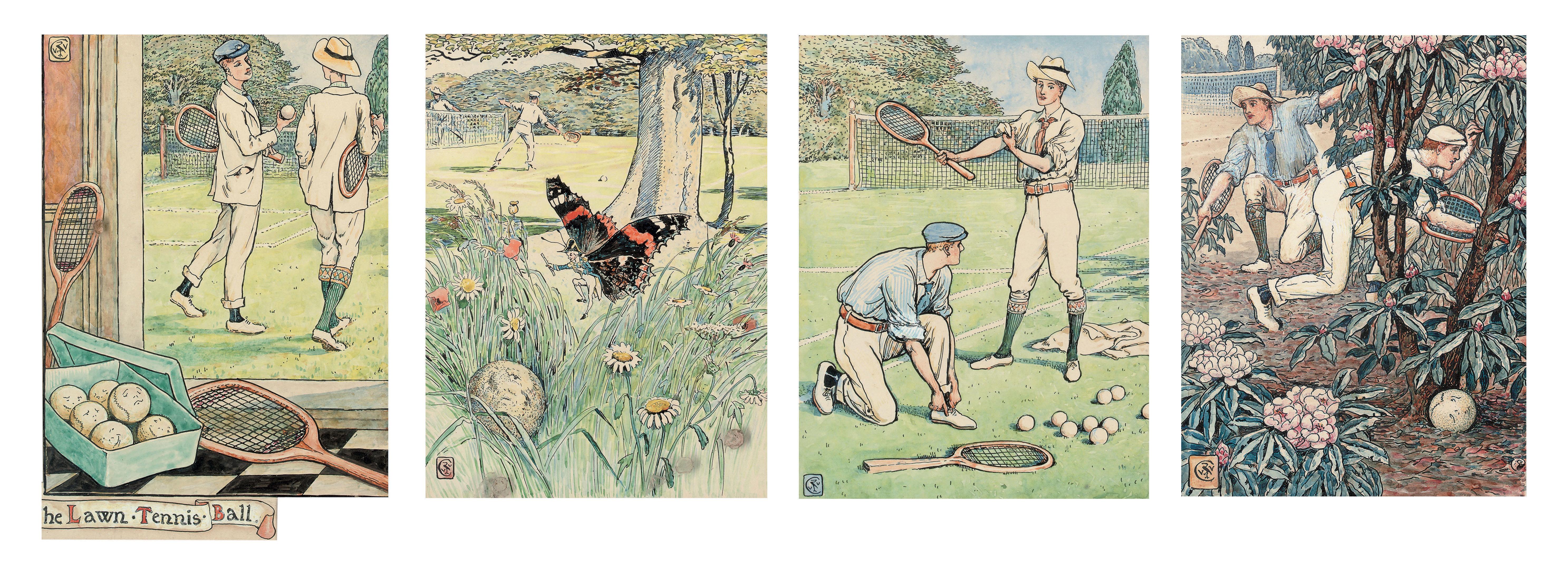 Walter Crane, R.W.S. - Three illustrations and a preparatory study for Arthur Kelly\'s The Rosebud and Other Tales - \'The Lawn Tennis Ball\'