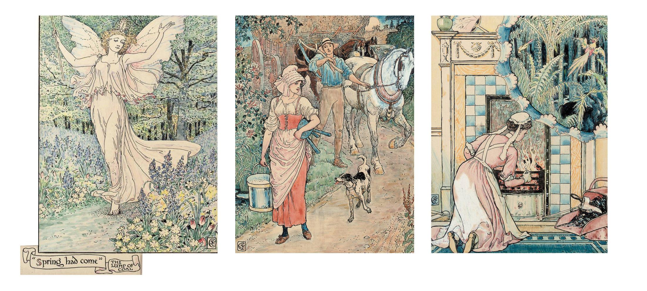 Walter Crane, R.W.S. - Three illustrations for Arthur Kelly\'s The Rosebud and Other Tales - \'The Lump of Coal\'