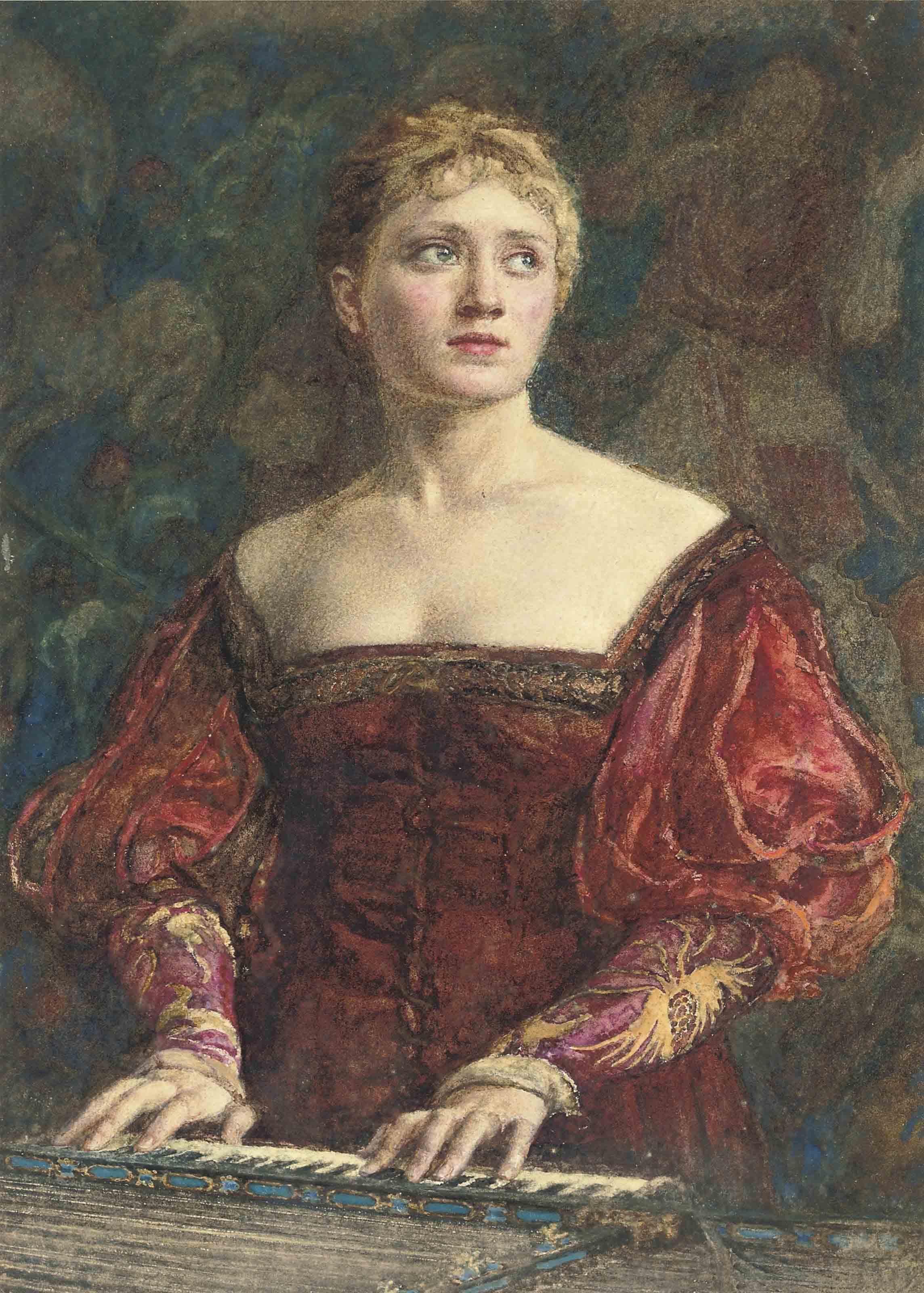 Walter Duncan, A.R.W.S. - Young lady in Renaissance-style dress at a harpsichord