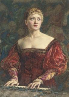 Walter Duncan, A.R.W.S. - Young lady in Renaissance-style dress at a harpsichord