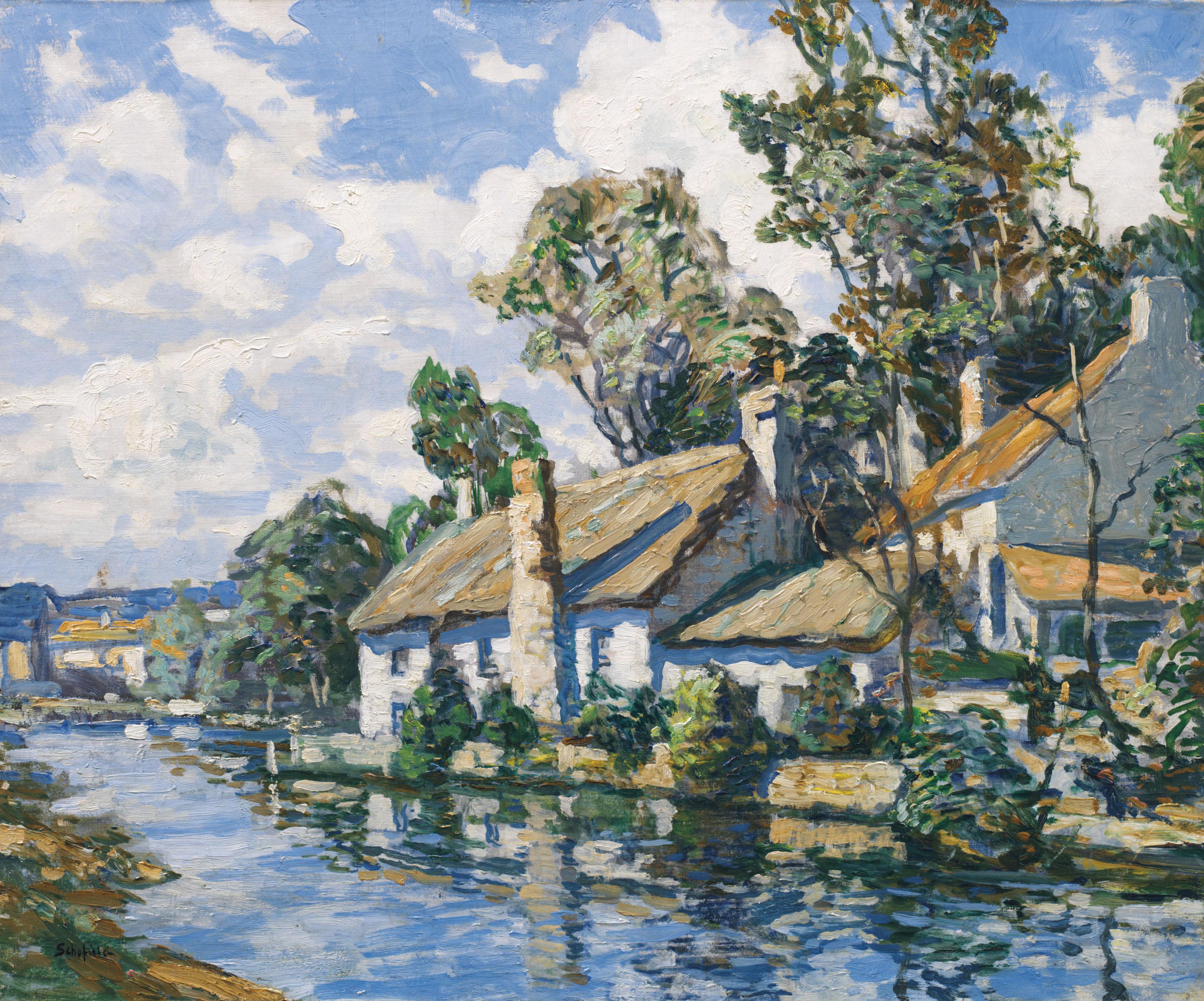 Walter Elmer Schofield - Sunlit Cottages by a River