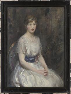 Walter Ernest Webster, R.I., R.O.I., R.P. - Portrait of a young lady, seated three-quarter-length, in a white dress with blue sash