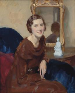 Walter Ernest Webster - Portrait of a lady, seated, three-quarter-length, in a brown cowl neck dress