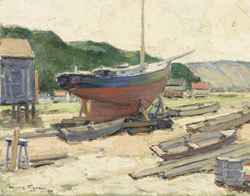 Walter Farndon - Boat in Dry Dock and Boats under the Bridge; two works