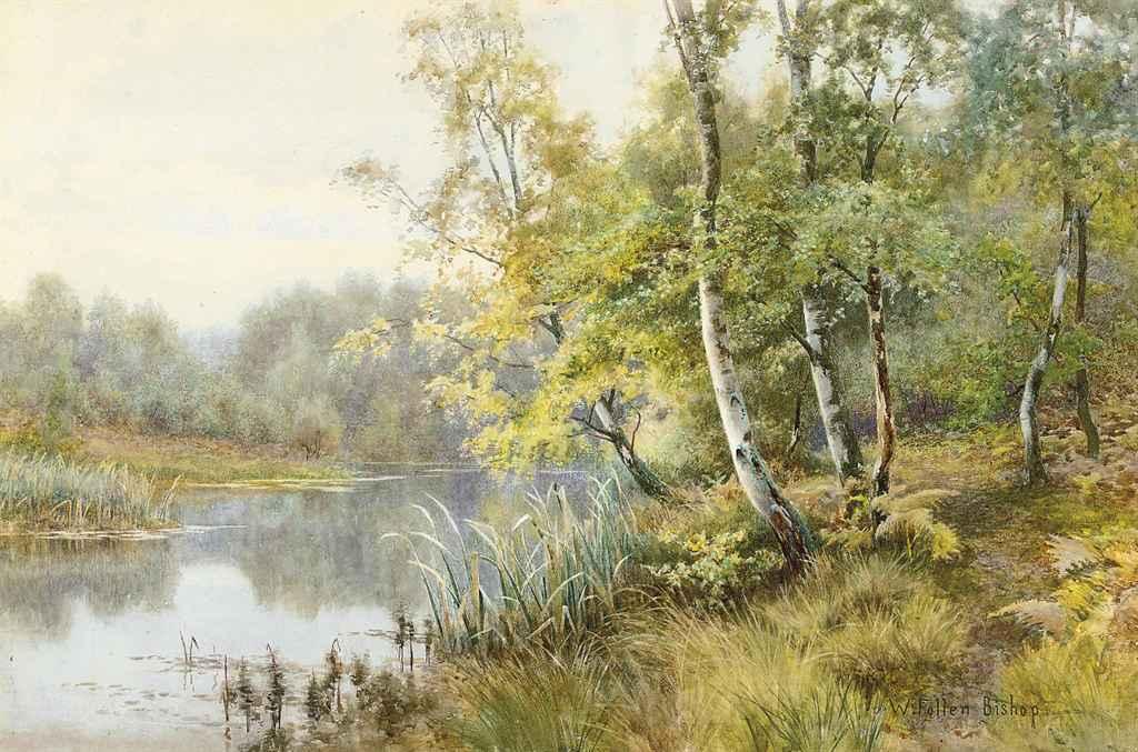 Walter Follen Bishop - Silver birchs on a wooded river bank
