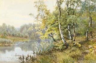 Walter Follen Bishop - Silver birchs on a wooded river bank