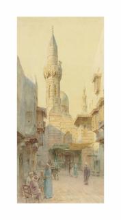 Walter Frederick Roofe Tyndale - A bustling street in Cairo with a Minaret beyond