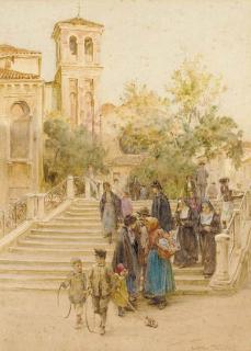 Walter Frederick Roofe Tyndale - Figures crossing the Ponte Pasqualigo, Venice