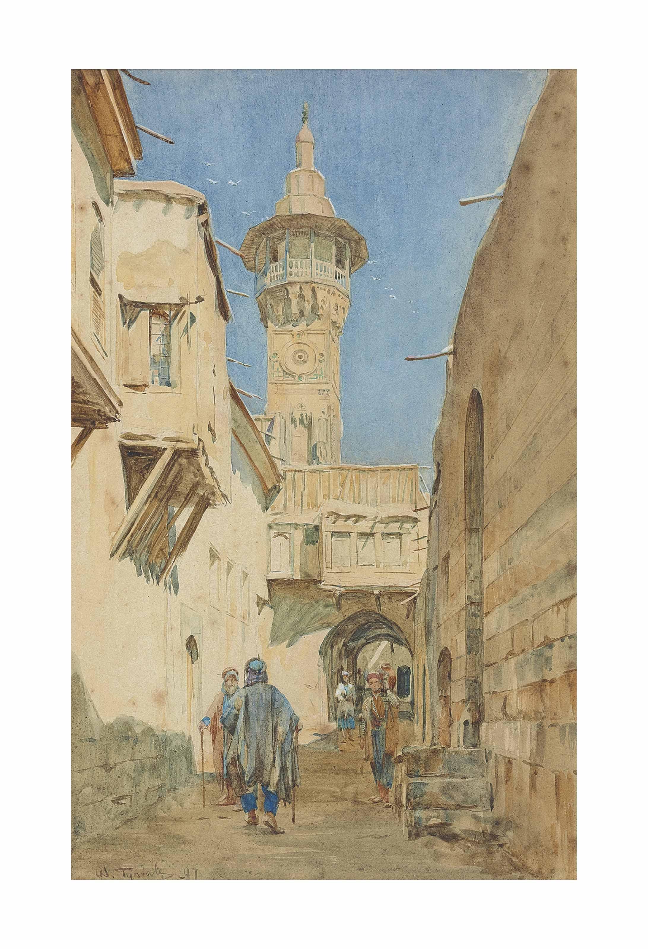 Walter Friedrick Roofe Tyndale - A bustling street before a minaret, Damascus