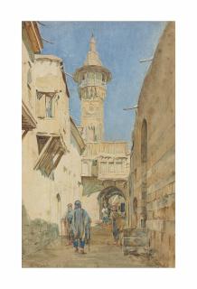 Walter Friedrick Roofe Tyndale - A bustling street before a minaret, Damascus