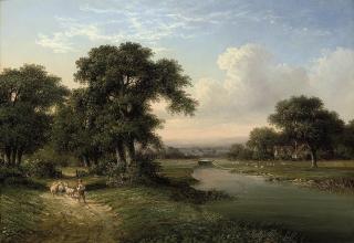 Walter Heath Williams - A shepherd boy driving home his sheep on a riverbank