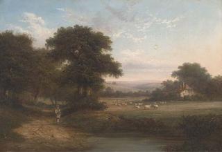 Walter Heath Williams - A Shepherd On A Wooded Track, A Cottage Beyond