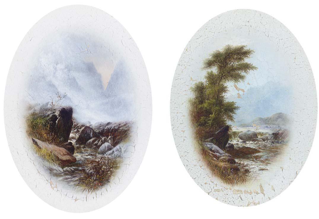 Walter Heath Williams - An angler by a mountain stream; and Rapids in a mountainous landscape, Llanberis