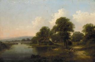 Walter Heath Williams - Children before a cottage in a wooded river landscape