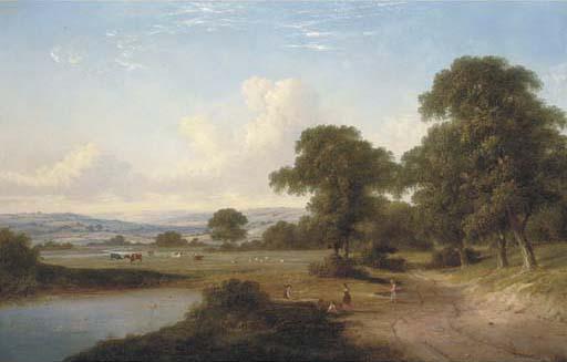 Walter Heath Williams - Children by a pond in a wooded landscape with cattle beyond