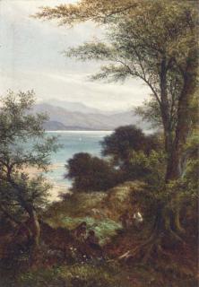 Walter Heath Williams - Figures in a wooded landscape, a coastal view beyond