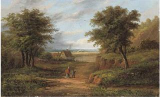 Walter Heath Williams - Figures on a wooded track; and An angler in an extensive landscape