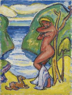 Walter Helbig - Frauenakt mit Hund in Bucht