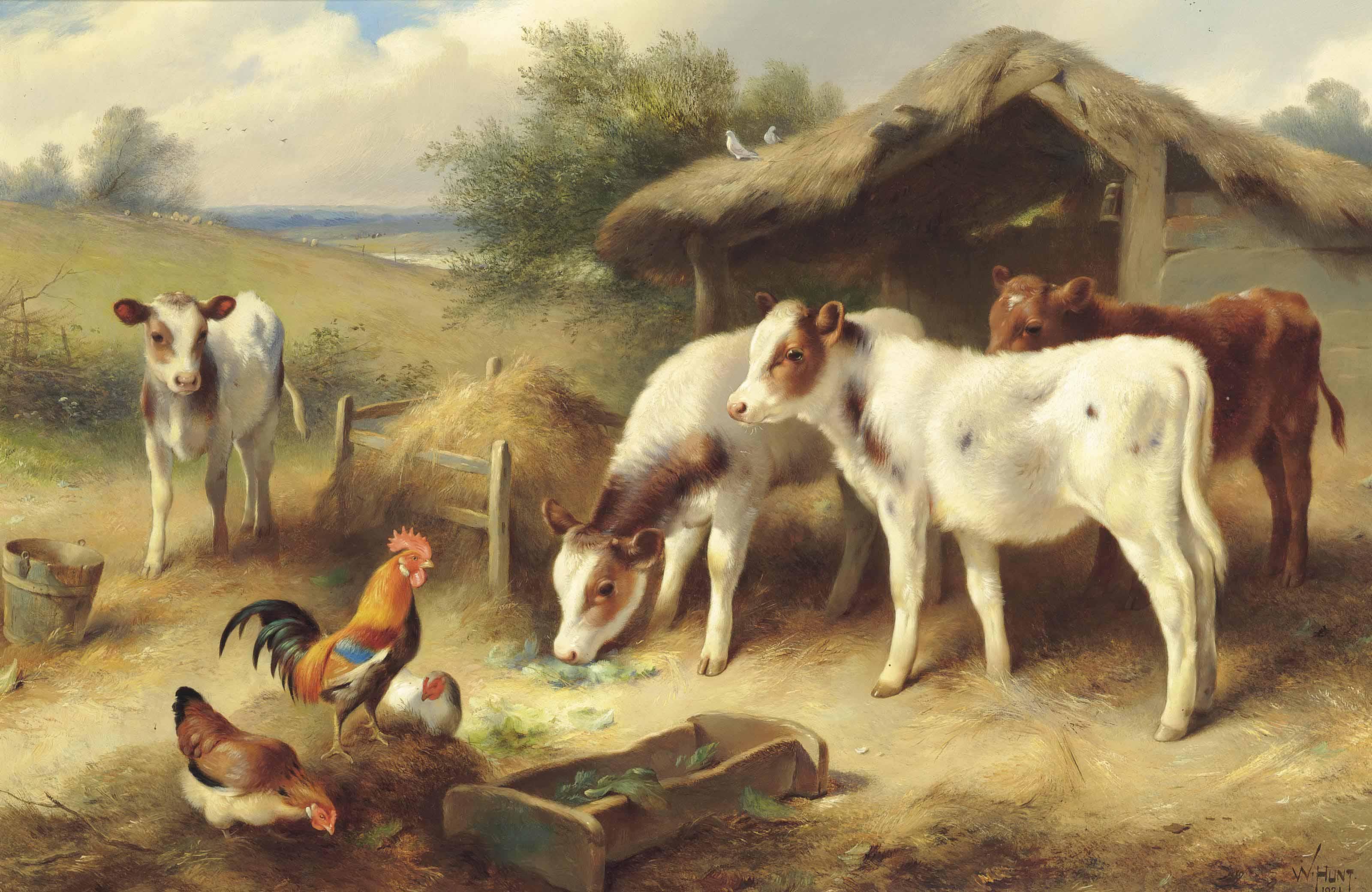 Walter Hunt - Calves, A Cockerel And Hens Beside A Barn