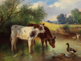 Walter Hunt - Calves by the water\'s edge, a pair each 31 x 41cm (12 3/16 x 16 1/8in)